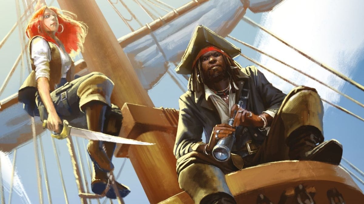 Promotional art from 7th Sea The Price of Arrogance, showing two pirates sitting near the mast of a ship.