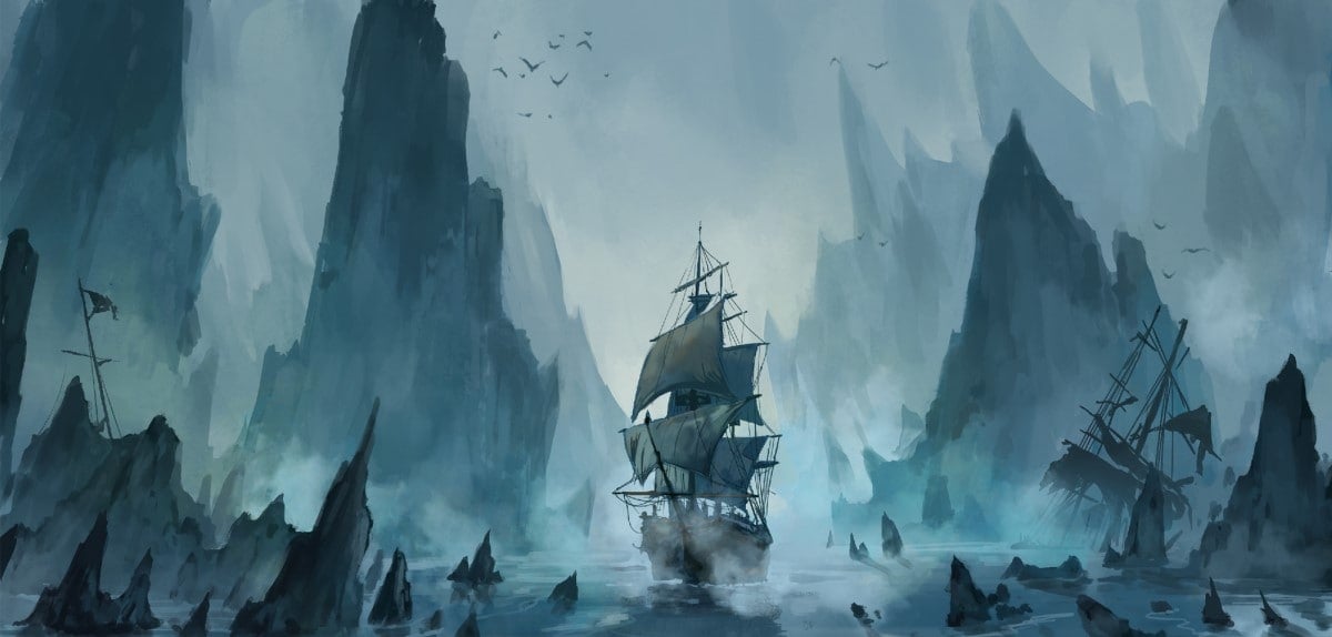 Artwork from 7th Sea The Price of Arrogance, showing a ship sailing through a body of water. It is foggy, dark, and there are jagged rocks and shipwrecks visible in the water.