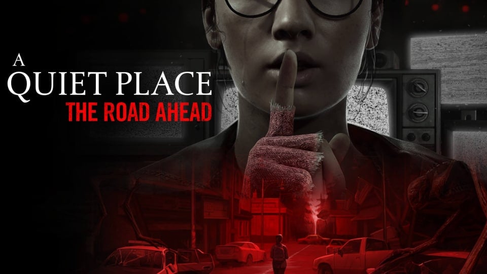 Artwork for A Quiet Place: The Road Ahead, which features a woman pressing her finger to her lips