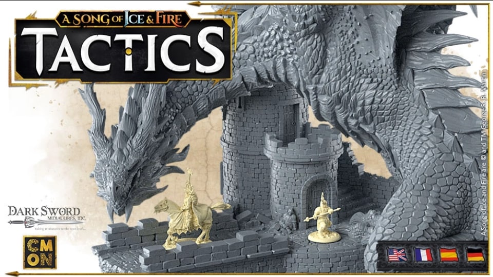 A promotional image for A Song of Ice & Fire: Tactics, showing a giganctic dragon miniature.