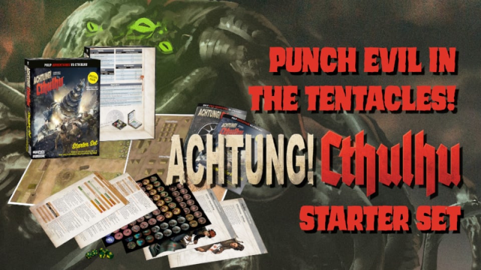 A promo image of the Achtung! Cthulhu starter set, showing character sheets, and tokens, a green tentacled monster can be seen in the background.