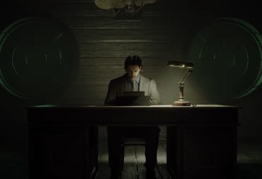 Alan Wake feverishly typing on a typewriter in Alan Wake 2