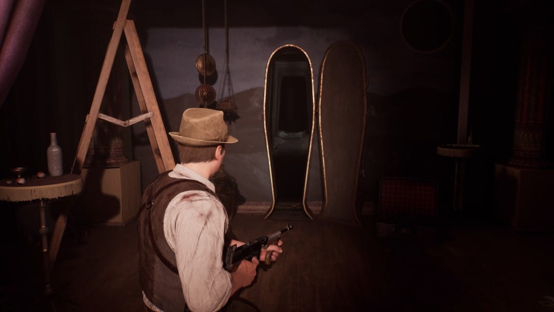 Edward staring at an open sarcophagus. The opening reveals a dark hallway.