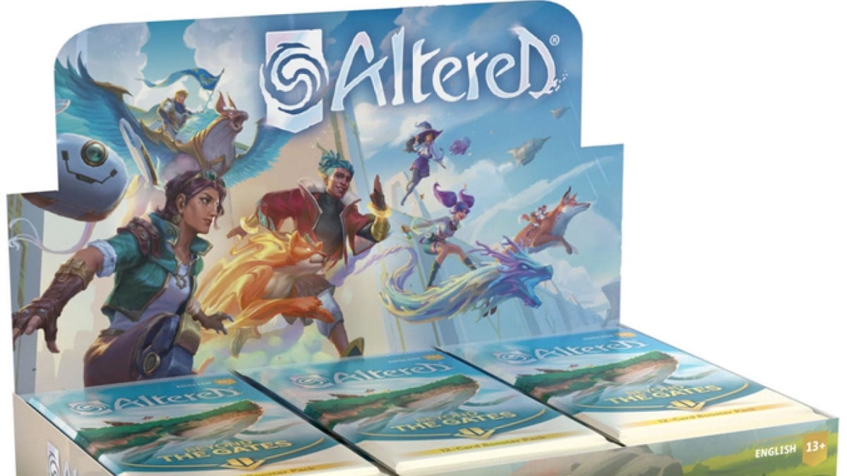 A screenshot of an Altered TCG booster display box, portraying promotional artwork of a group of magic users and animals in dynamic poses