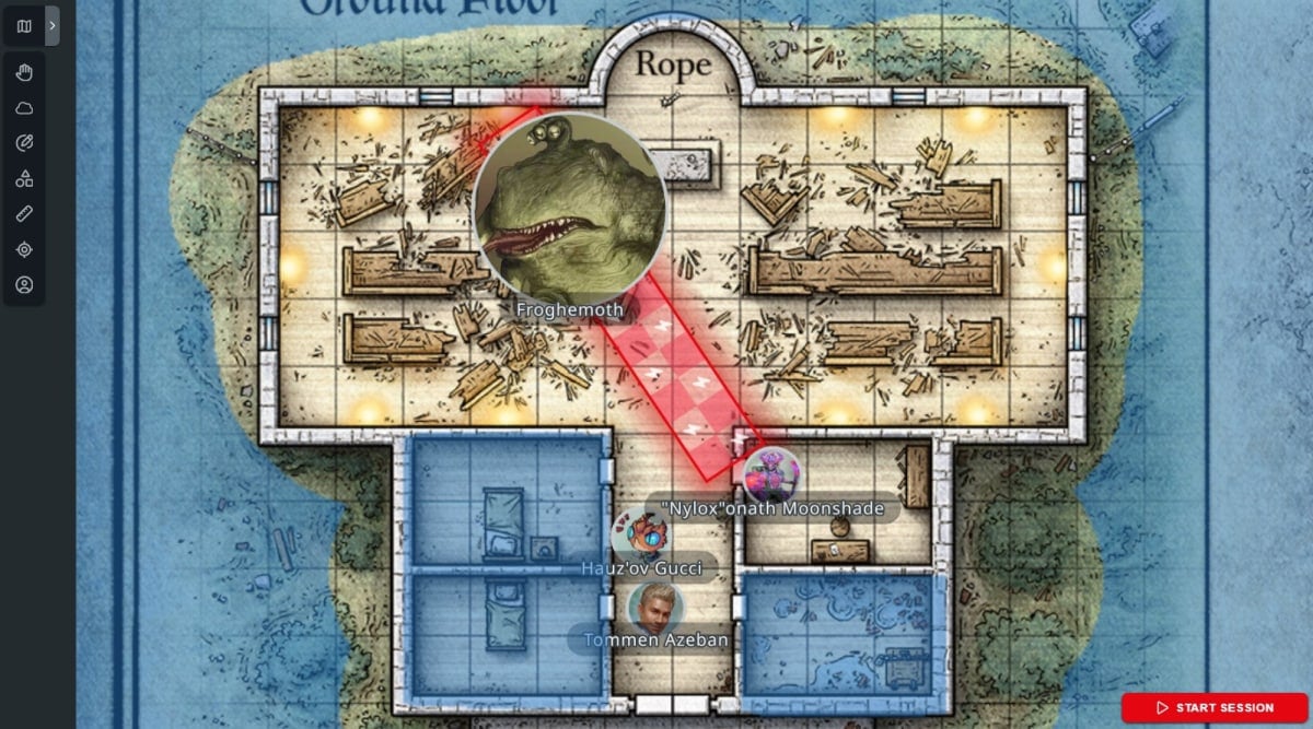 The DNDBeyond map tools showing a line of breath weapon damage