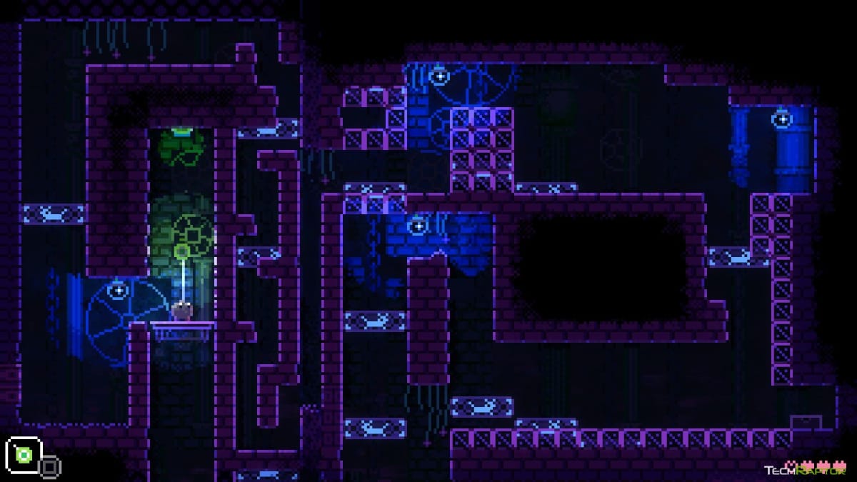 A platforming gauntlet room in Animal Well showing raising platforms and spikes