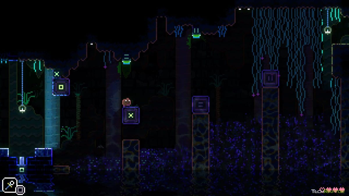 A platforming challenge in Animal Well set off by a slinky on a switch