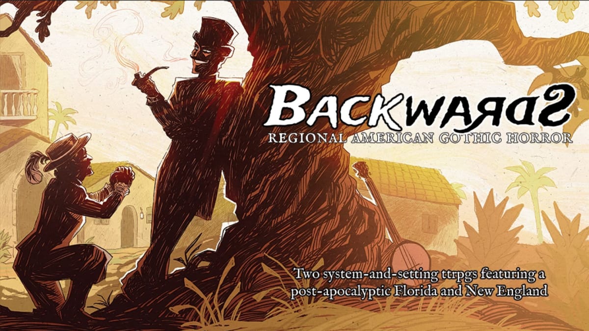 Promotional artwork for the Backwards RPG, featuring a malicious figure in silhouette with a top hat leaning against a tree.