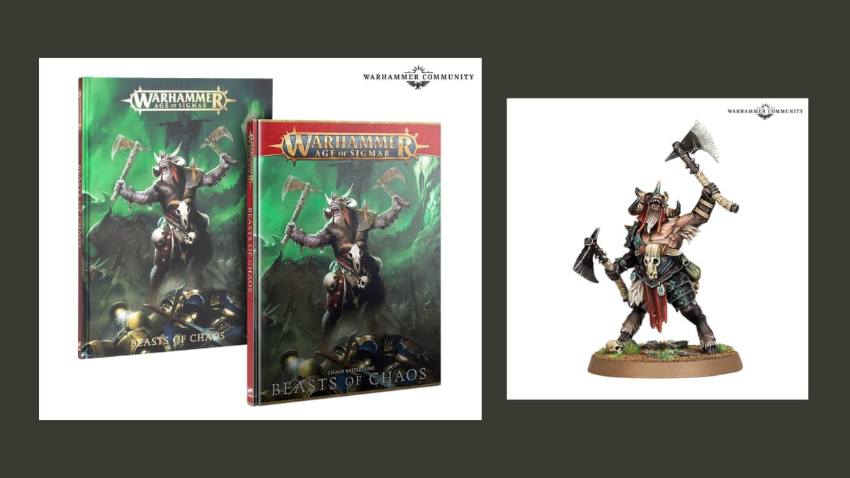 An image comprised of the new Battletome for Beasts of Chaos and the new model released for the Warhammer Age of Sigmar Army