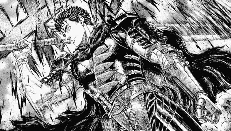 A screenshot of a manga panel from Berserk, showing the swordsman Guts wielding his giant sword.