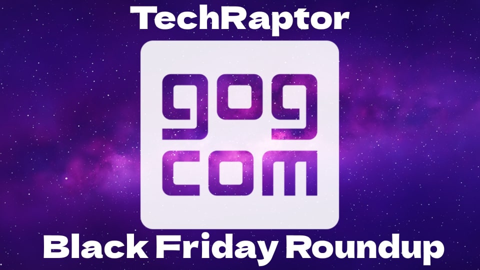 Black Friday GoG artwork showing the GOG logo on the signature space backdrop with words around the edges 