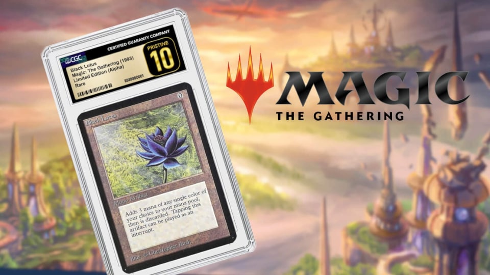 A CGC rated 10 black lotus on a Magic The Gathering key art background that says Magic: The Gathering in front of a city in the distance