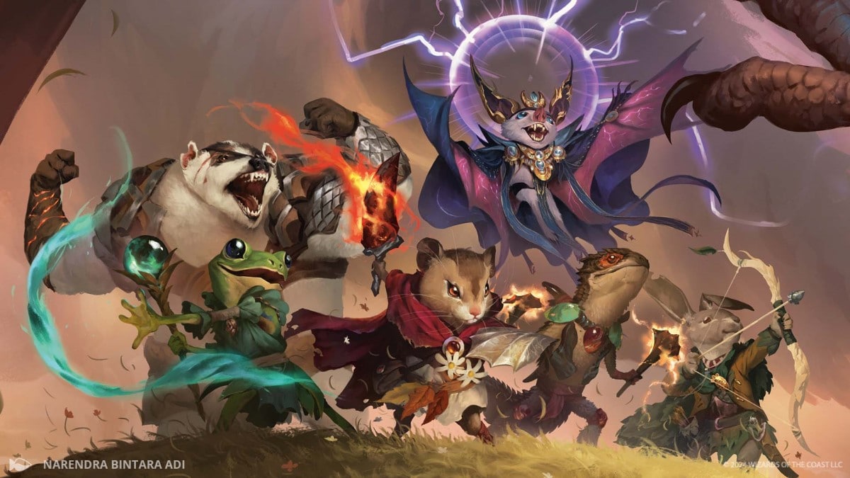 Promotional artwork of Bloomburrow, featuring spellcasters as wolverines, frogs, badgers, bats, and rabbits.