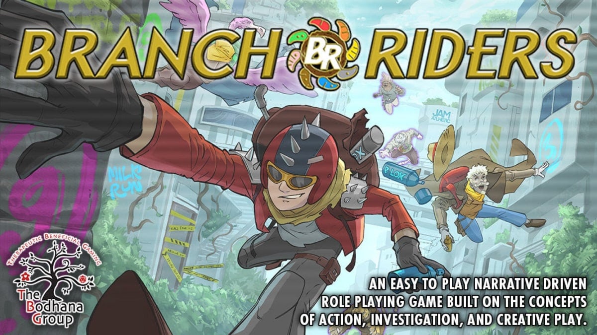 Promotional image of Branch Riders, showing a kid in a spiked helmet, and a cyborg cowboy leaping through a futuristic city overgrown with greenery.