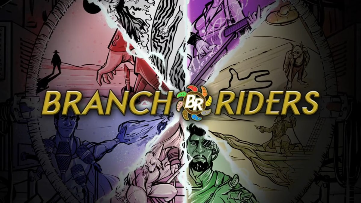 Promotional image of the TTRPG Branch Riders, featuring artwork of eight different worlds separated by white stylized tree branches.