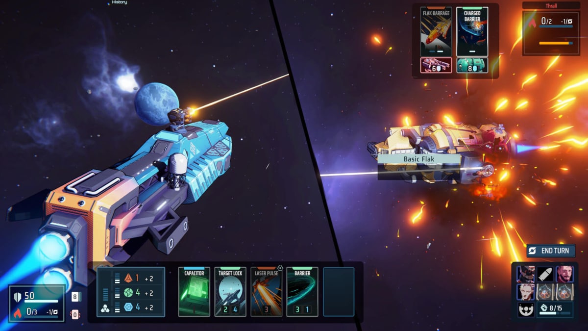 Two ships locked in battle as the player chooses their cards in Breachway