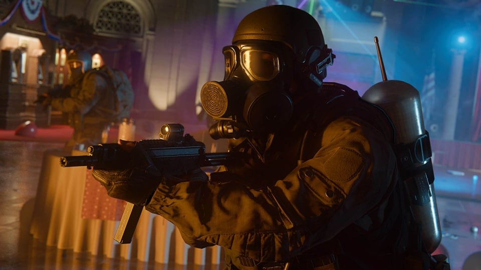 A soldier in a gas mask aiming a gun in Call of Duty: Black Ops 6