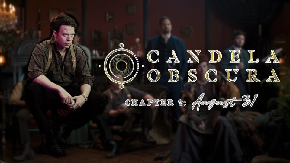 Brennan Lee Mulligan dressed as Sean Finnerty next to the Candela Obscura logo against a blurry image of the Candela Obscura Chapter 2 cast