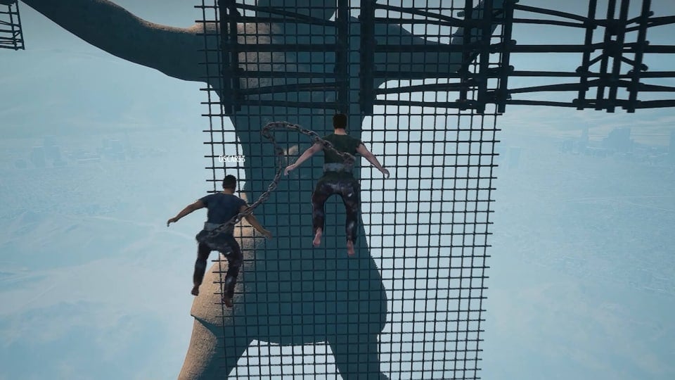 Two players climbing up mesh in Chained Together