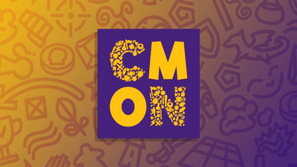 THe logo for CMON Entertainment on a stylized purple and yellow background.