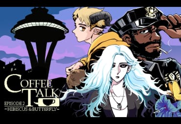 A spread-shot cover of Coffee Talk Episode 2: Hibiscus & Butterfly, showcasing characters Riona, Lucas, and Officer Jorji against a backdrop of the Seattle Space Needle at dusk.