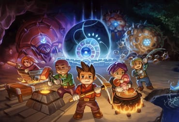 Artwork for Core Keeper depicting several characters in a cave complex