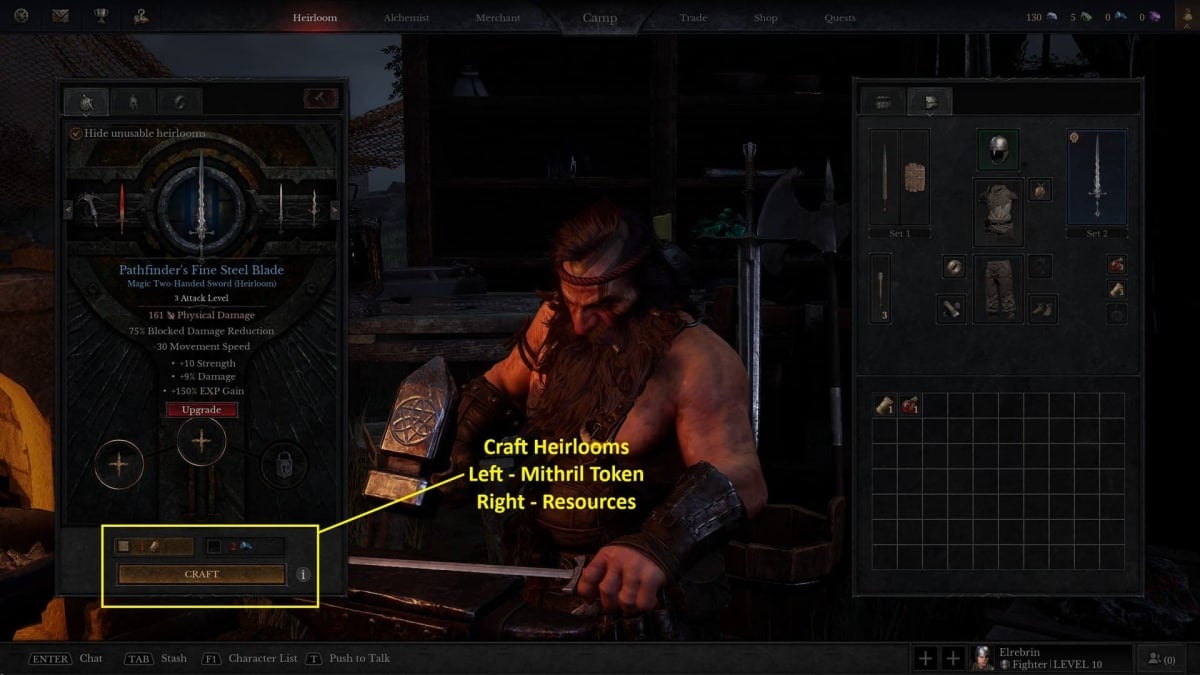 Image of the Crafting Heirloom Screen in Dungeonborne