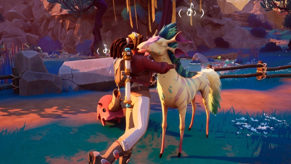 The player character hugging an animal in Creatures of Ava