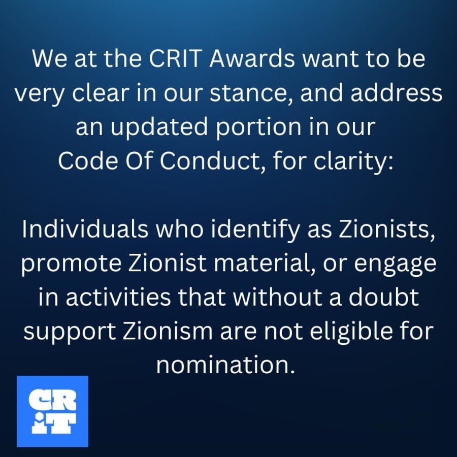 A screenshot of CRIT Awards' updated Code of Conduct statement as posted on X/Twitter.