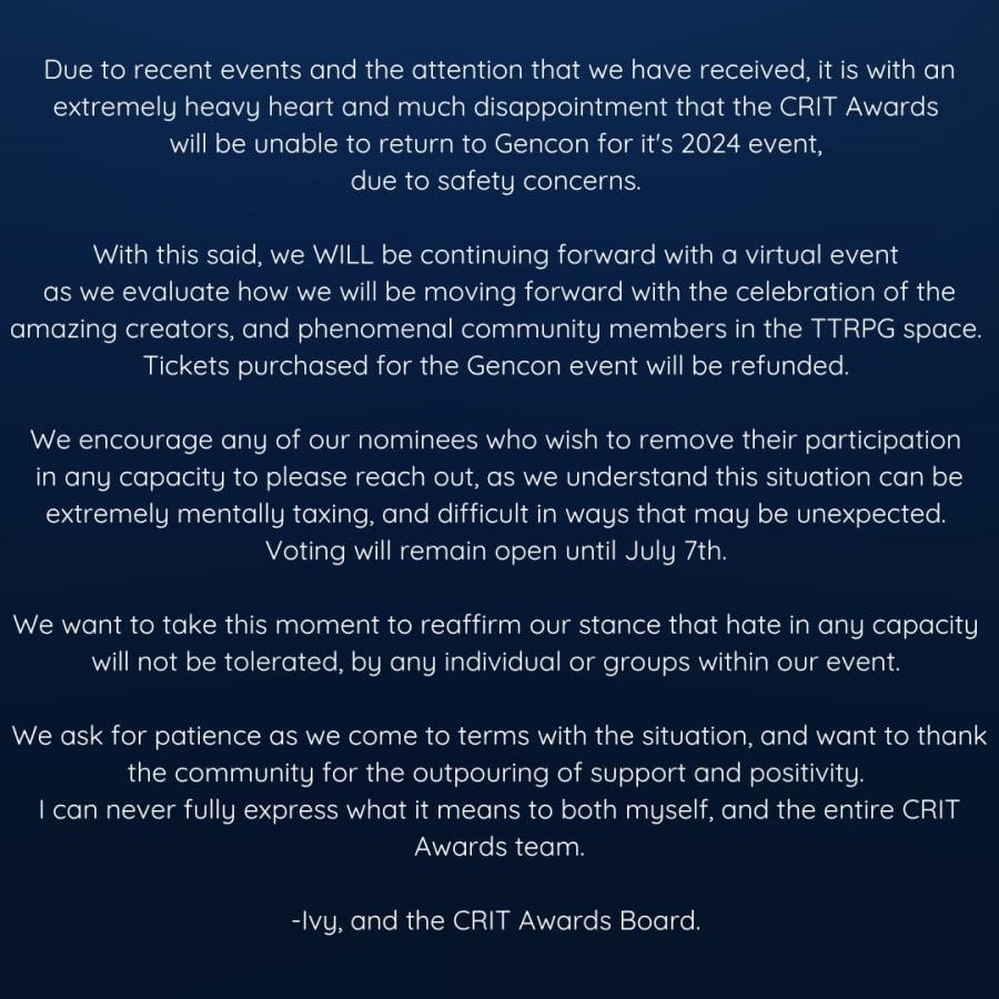 A screenshot of the official statement from CRIT Awards regarding their departure from GenCon 2024.