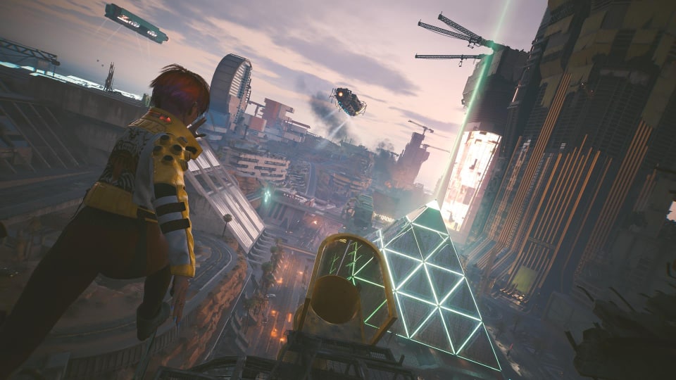 The main character, V, jumps from a great height, with Dogtown’s pyramid building seen in the distance.