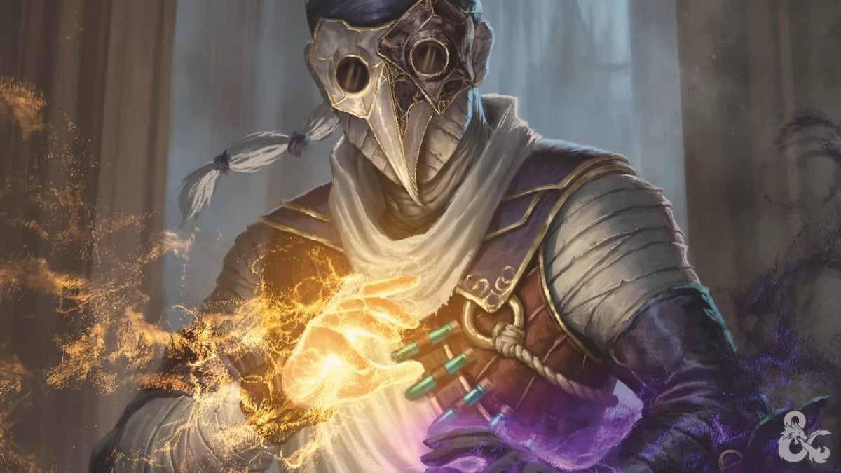 Artwork of the D&D 2024 Monk Warrior of Mercy, showing a monk in a plague doctor mask, their fists glowing with yellow and dark energy.