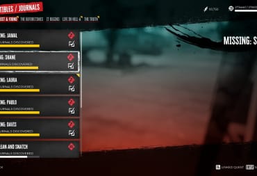 Dead Island 2 Lost & found mission menu with several lists of journal entries on the lift with a faded image of Venice Beach in the background.
