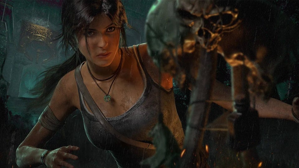 Lara Croft examining a skull in artwork for the Dead by Daylight Tomb Raider crossover