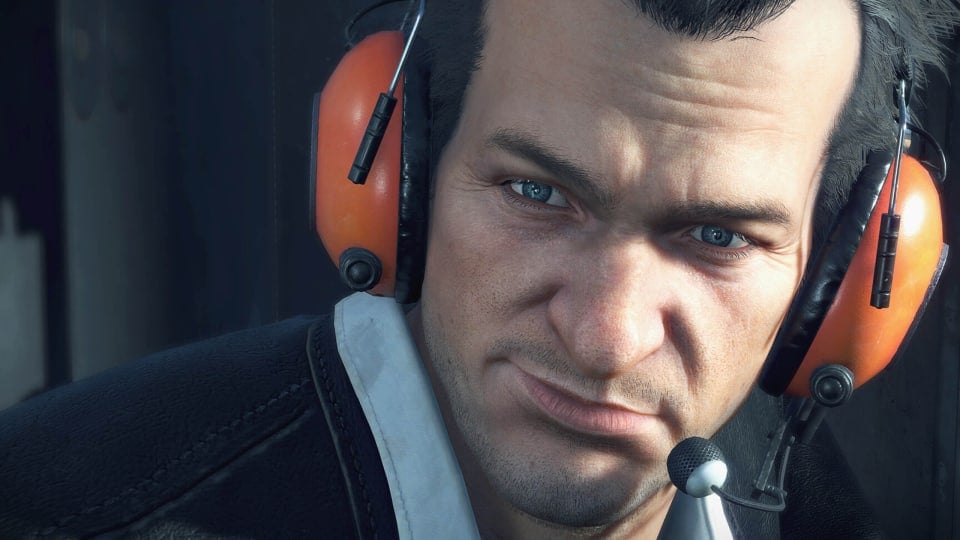 A close-up of Frank West's face in Dead Rising Deluxe Remaster