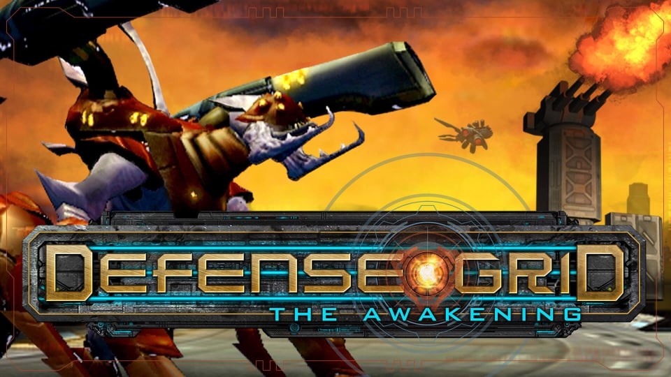 The logo for Defense Grid: The Awakening alongside a screenshot of the game