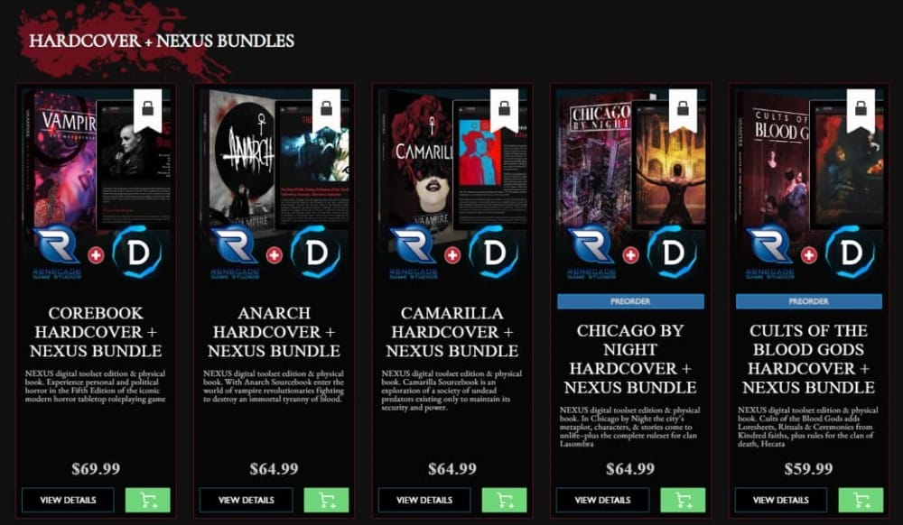 A screenshot of a book and VTT support bundles for Vampire: The Masquerade on Demiplane's shop page.