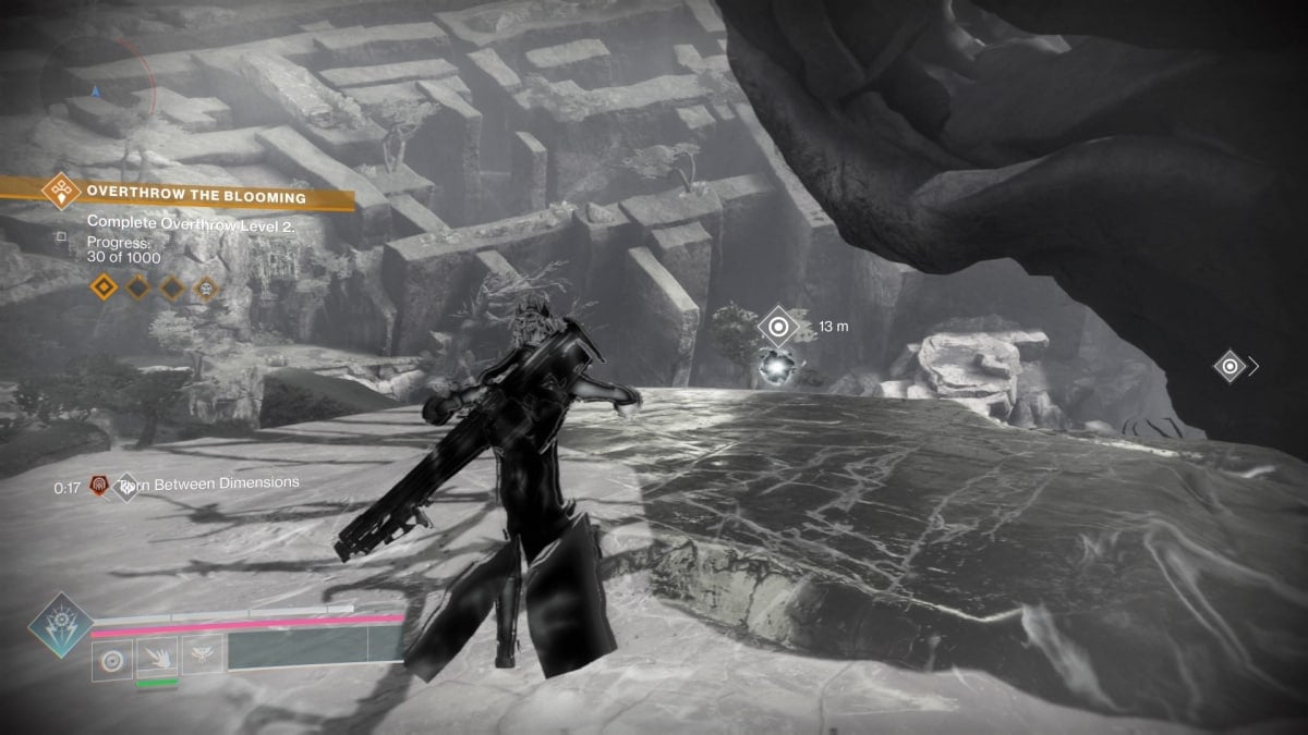 A screenshot from Destiny 2: The Final Shape showing a Warlock on a platform in a complex distorted mountain range. The entire image is in black white.