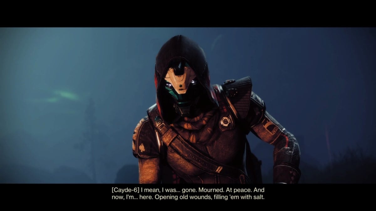 A screenshot from Destiny 2: The Final Shape, showing Cayde-6 talking about his death and resurrection