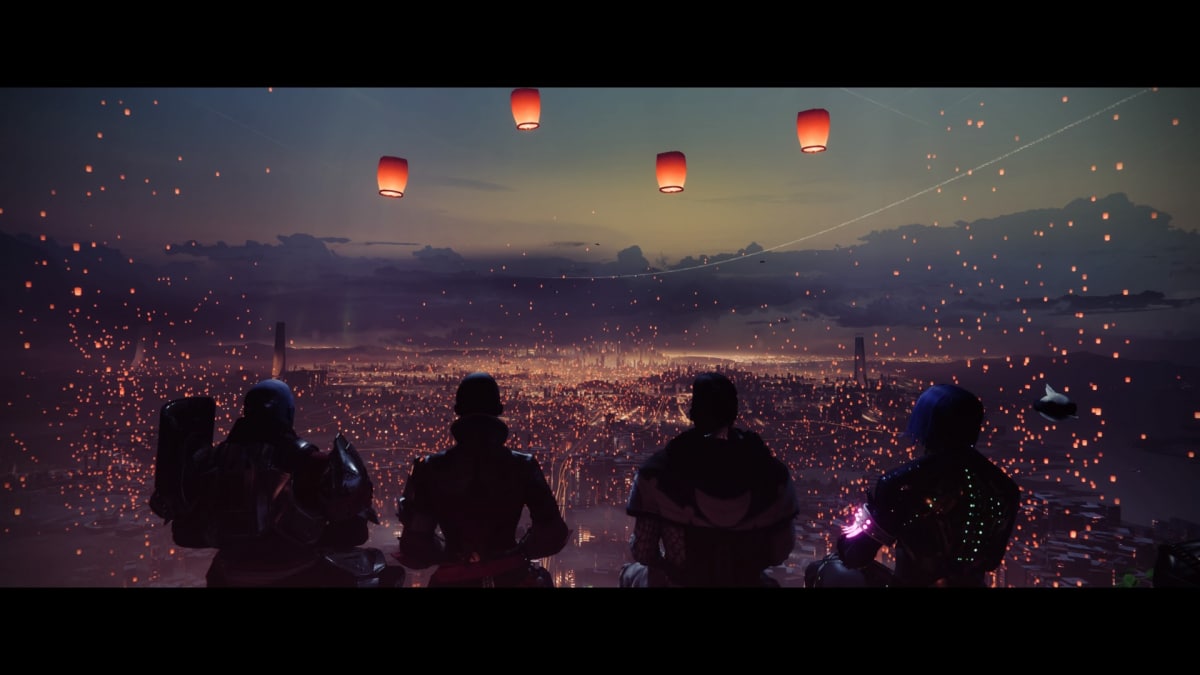 A screenshot of Destiny 2: The Final Shape, showing a parade of glowing lanterns floating over Earth. Zavala, Ikora, Crow, and a Warlock can be seen in silouhette.