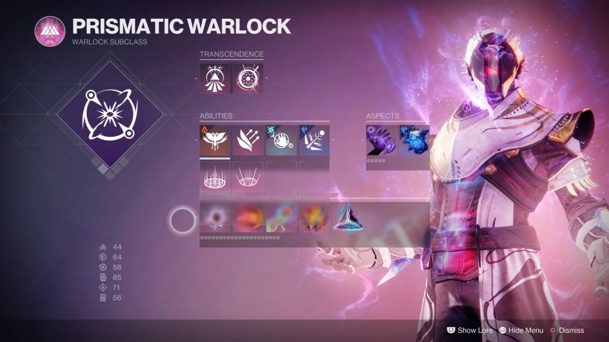 A screenshot from Destiny 2: The Final Shape showing the Prismatic Warlock subclass menu