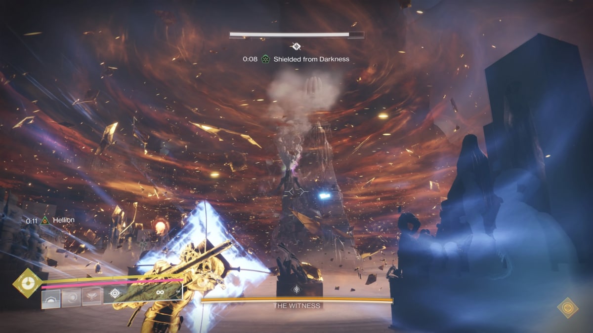 A screenshot from Destiny 2: The Final Shape, showing The Witness surrounded by a swirling vortex of energy. A Guardian is in the foreground, protected by a glowing shield