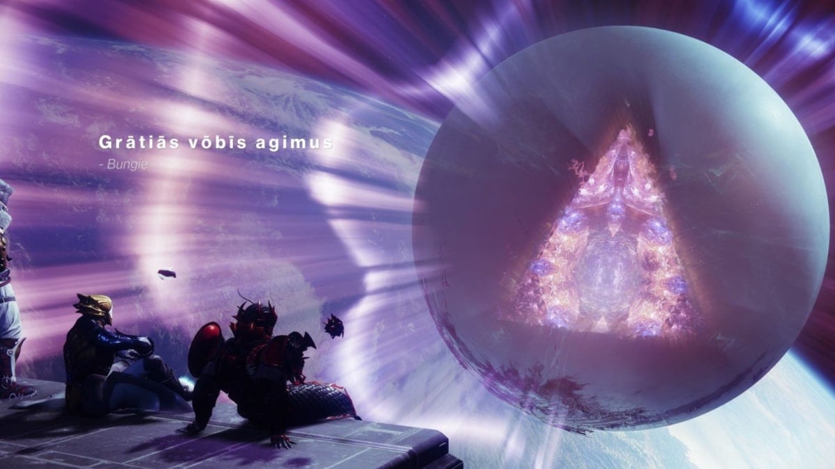 A screenshot from Destiny 2: The Final Shape, showing a Warlock, Titan, and Hunter sitting on a spaceship looking out into space, Earth and The Traveller are visible.