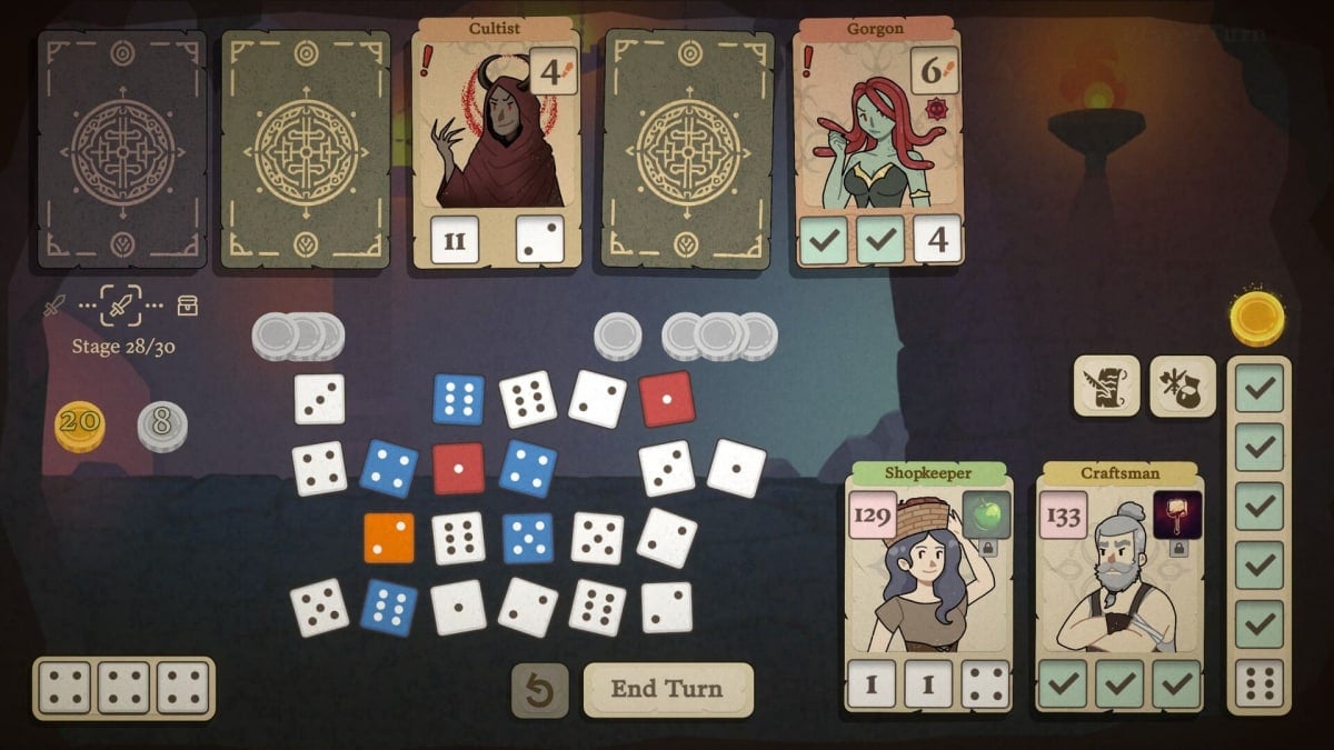 Image of a late-game run in Dice and Fold With a Bunch of Dice on the Screen