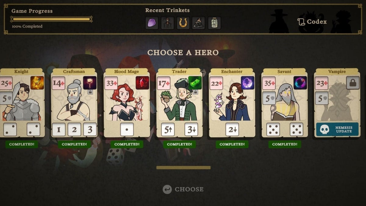 Image of the Hero Screen in Dice and Fold at 100 Percent Completion