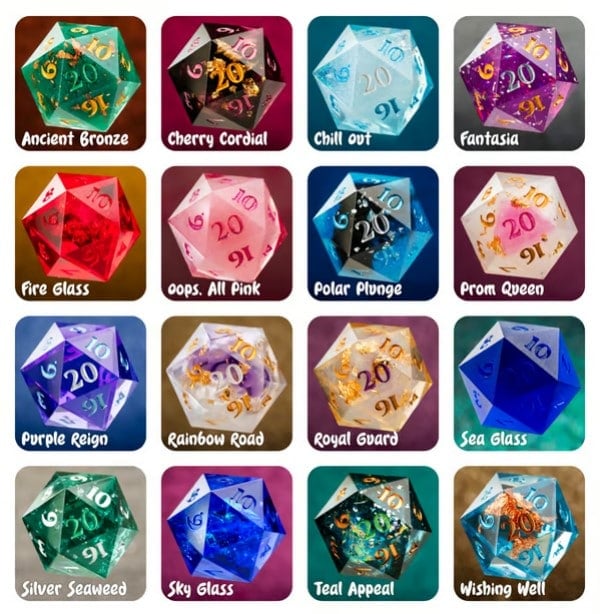 A screenshot of a wide range of resign dice from the Diceapalooza Kickstarter