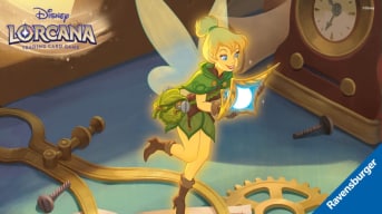 Artwork of Tinkerbell in a suit made out of leaves from the Disney Lorcana 2024 set Into The Inklands