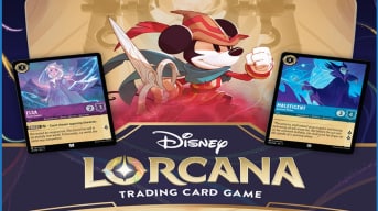  A promotional image of Disey Lorcana, featuring Mickey Mouse in a muskateer outfit, surrounded by cards.