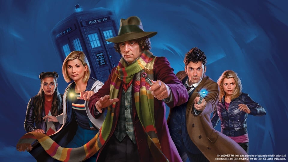 Key Art showing the Tardis behind the Fourth, Thirteenth, and Tenth doctor, as well as Jasmin and Rose