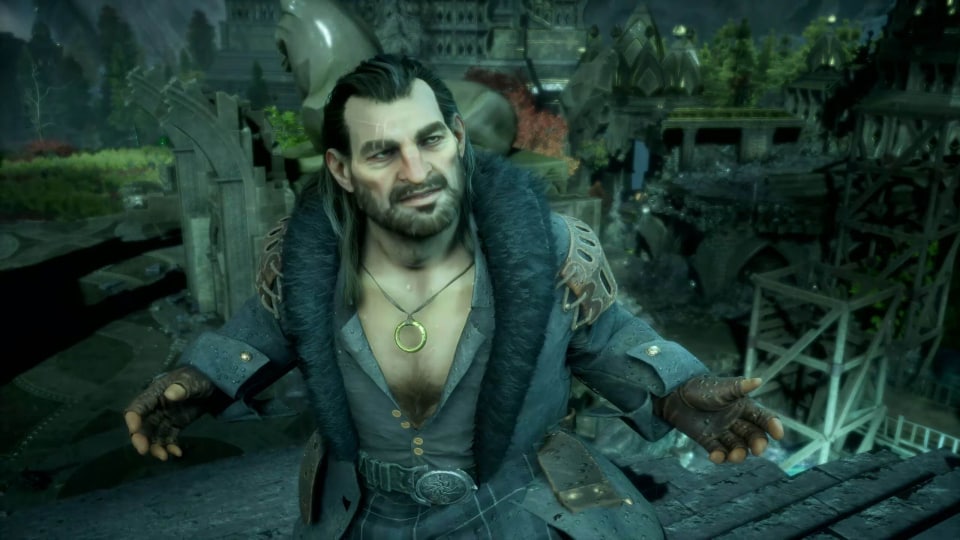 Varric with his arms outstretched in Dragon Age: The Veilguard